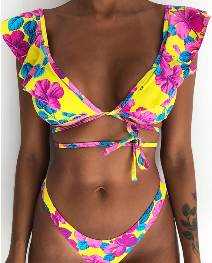 Pink/Yellow Tropical Flowers Wrap Tie Ruffle Top Bathing Suit