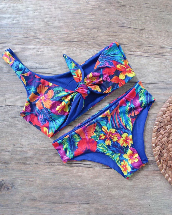 Tropical Print One Strap Tie Front Bathing Suit with Blue Liner