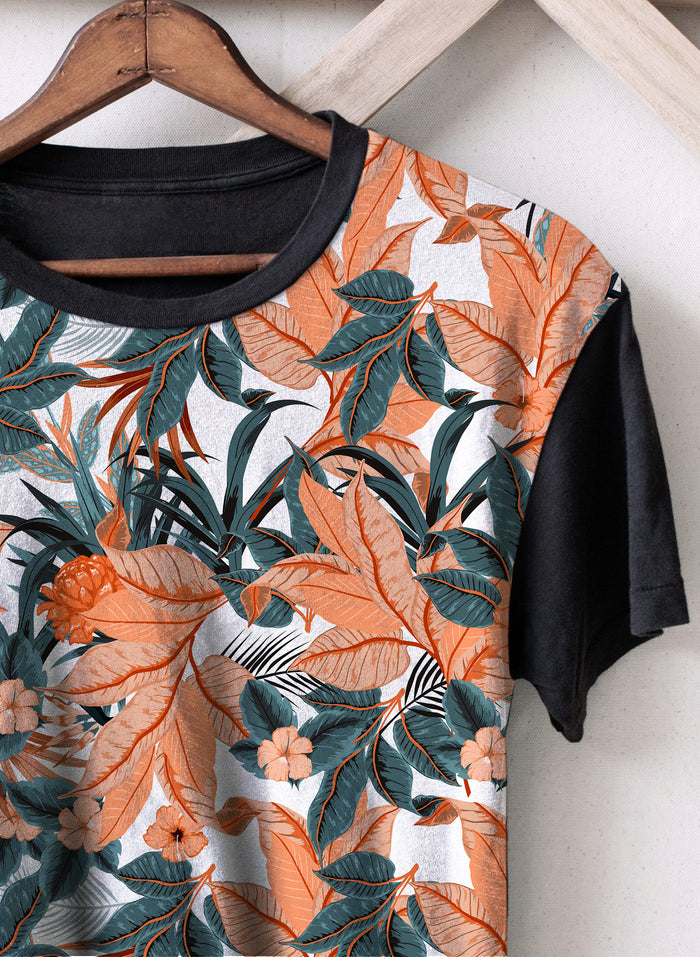 Cyan N Orange Tropical Leaves Panel T-Shirt