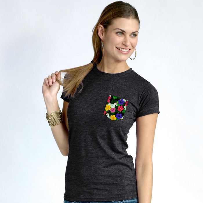 Inflatable Unicorn Ladies Pocket T-Shirt in Charcoal Gray