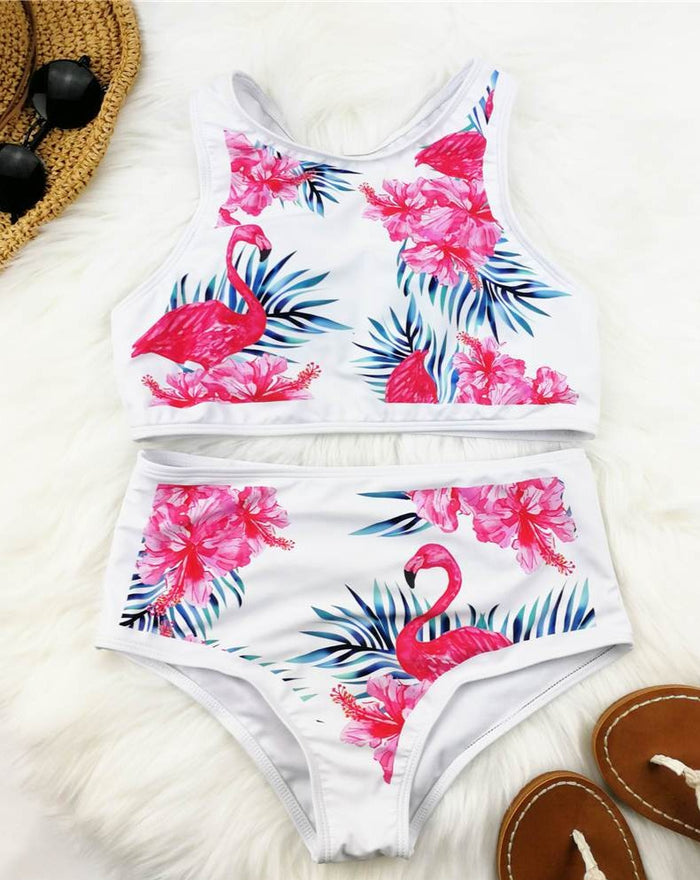 Flamingos N Palms High Waisted Ladies Bathing Suit