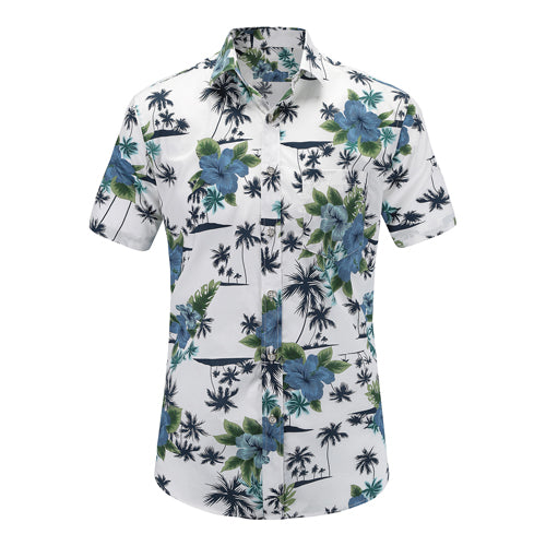 Blue Flowers N’ Palms Tropical Button Up