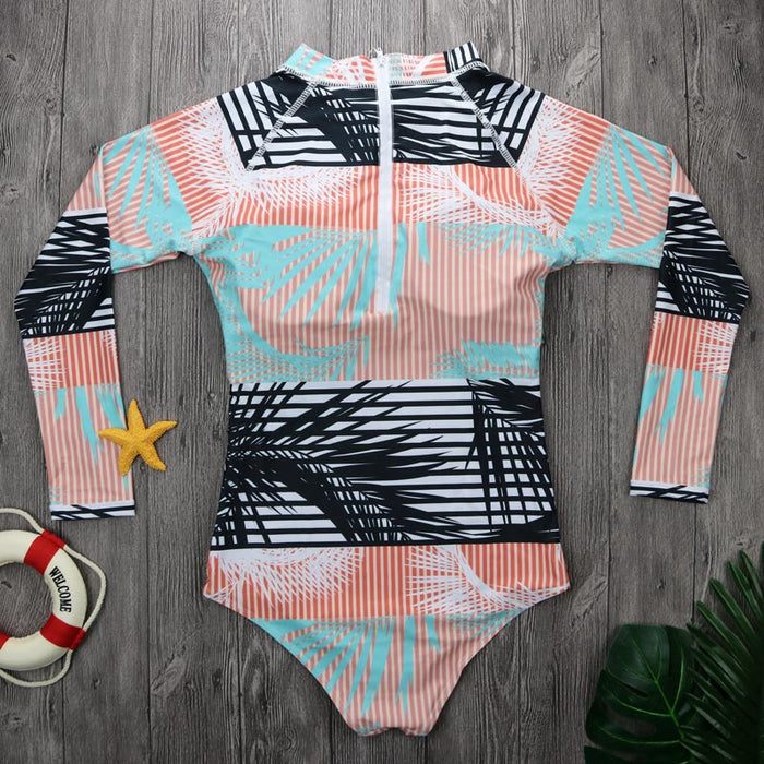 Striped Palms One Piece Long Sleeve Bathing Suit