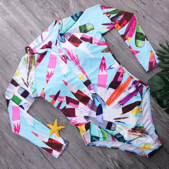 Colorful Palms One Piece Long Sleeve Bathing Suit