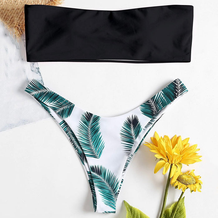 Palm Leaf Cheeky Strapless Bathing Suit
