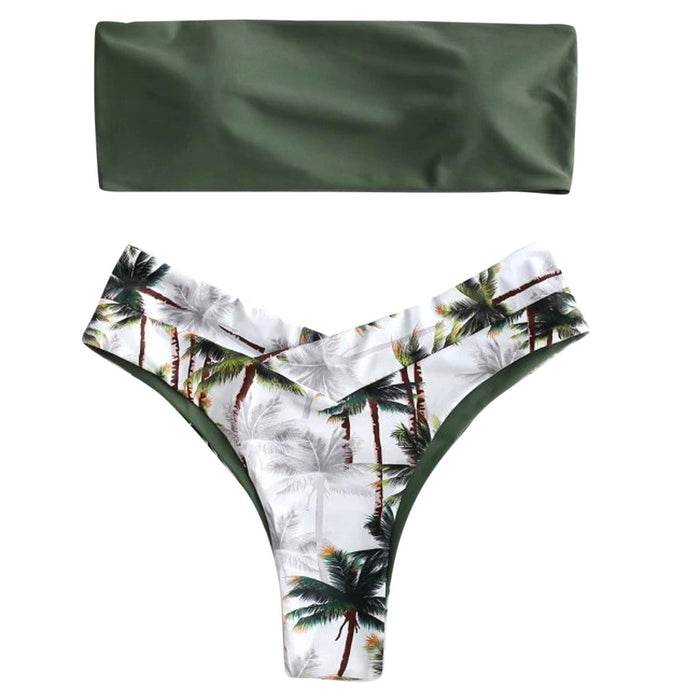 Palm Trees Cheeky Bathing Suit with Bandeau Top in Green or Yellow