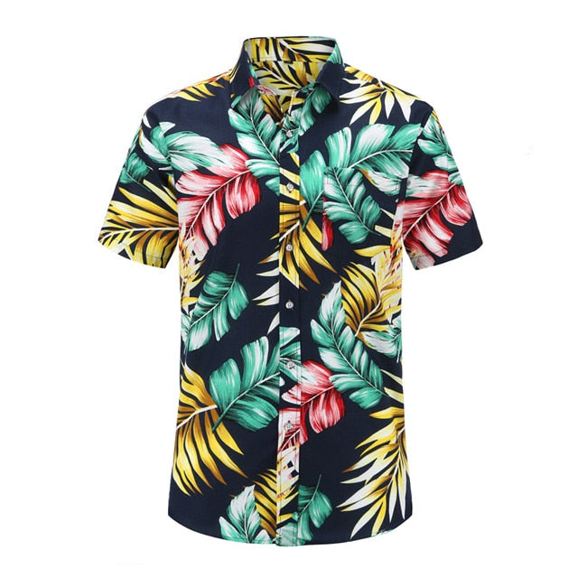 Colorful Palms on Navy Button Up Shirt