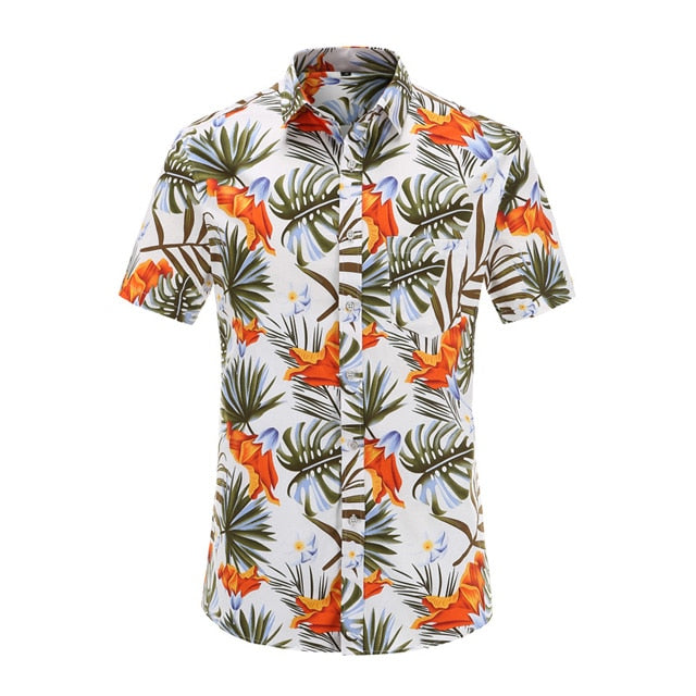 Floral Orange On White Button Up Shirt